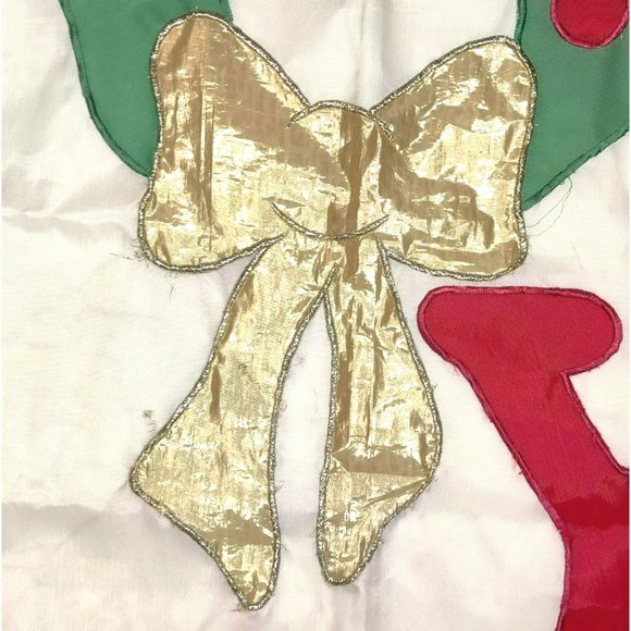 Vintage JOY Red and White 28x40 Holiday Flag Christmas Wreath Shiny Gold Bow - Picture 8 of 14